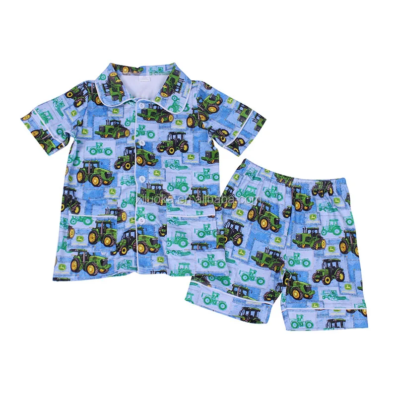 

2020 Wholesale Summer Kids Clothing Set Green Car Print Short Sleeve Baby Boy Boutique Outfits, Picture
