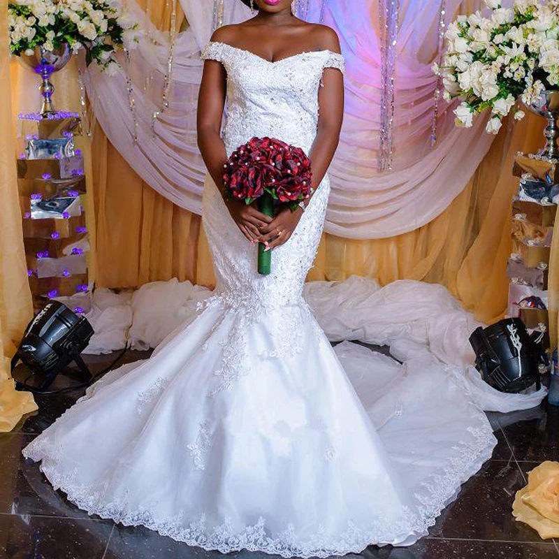 

FA231 Wedding dress Mermaid 2021 African Cryatsl Lace Wedding Gown Off the Shoulder Plus Size vestido de noiva Simple Dress, Default or custom