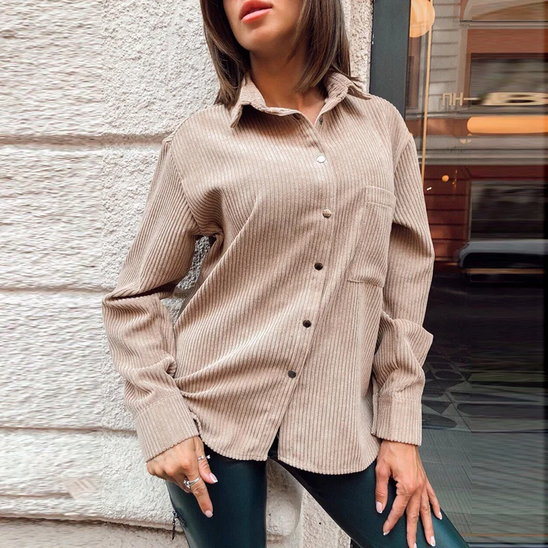 

2021 Winter Fashion Women Casual Pockets Corduroy Velvet Blouse Long Sleeve Turn Down Collar Solid Color Office Lady Shirt, Accept custom color