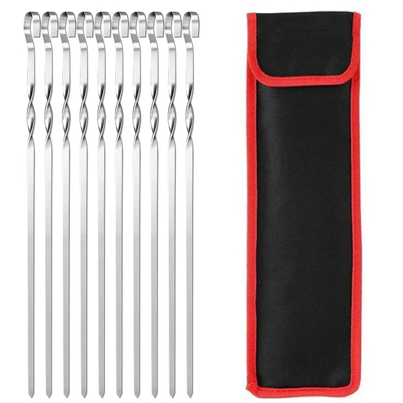 

Wholesale Portable Bag Pack of 10 Stainless Steel BBQ Skewer Set BBQ Shish Kabob Reusable Skewers For Outdoor Camping Grill