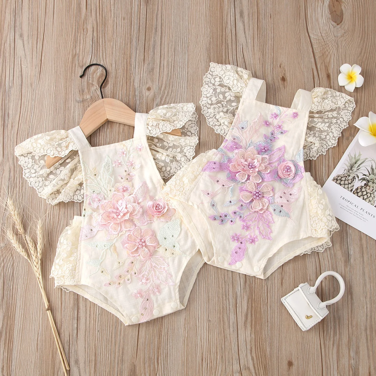 

0-24M Princess Baby Girls Bodysuits Lace Flowers Print Ruffles Short Sleeve Backless Jumpsuits, As picture
