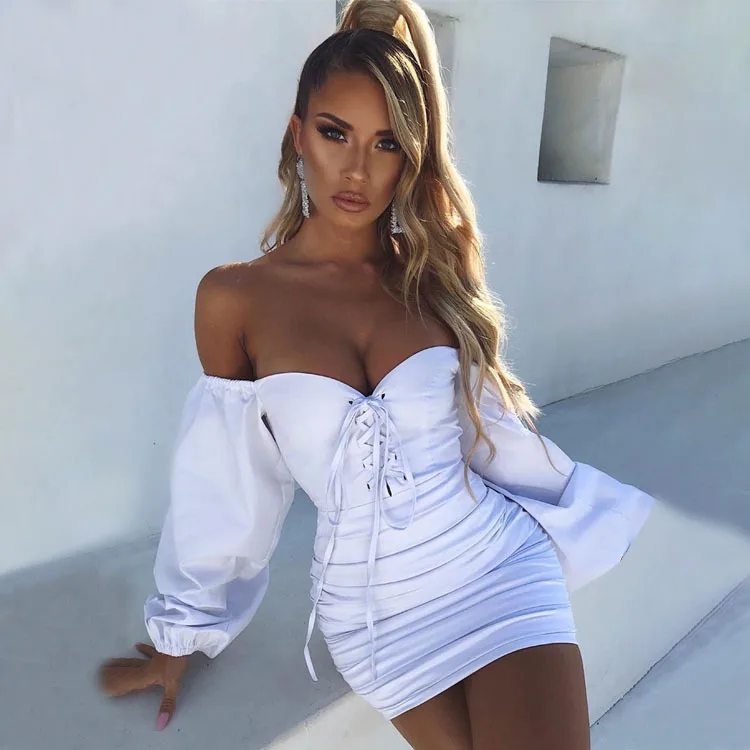 

Autumn solid color off shoulder lace up drawstring ruched style skinny dresses women white puff sleeve dress