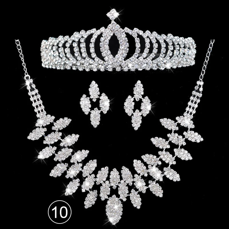 

wedding birthday party full diamond bridal rhinestone crown tiara necklace earrings three-piece jewelry sets, Multiple colour