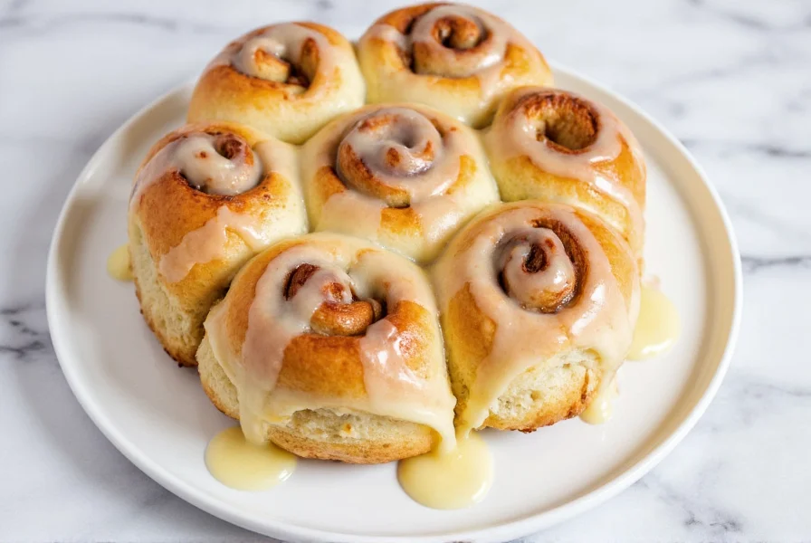 Overhead photo of golden brown overnight cinnamon buns with cream cheese icing dripping down sides on white ceramic plate