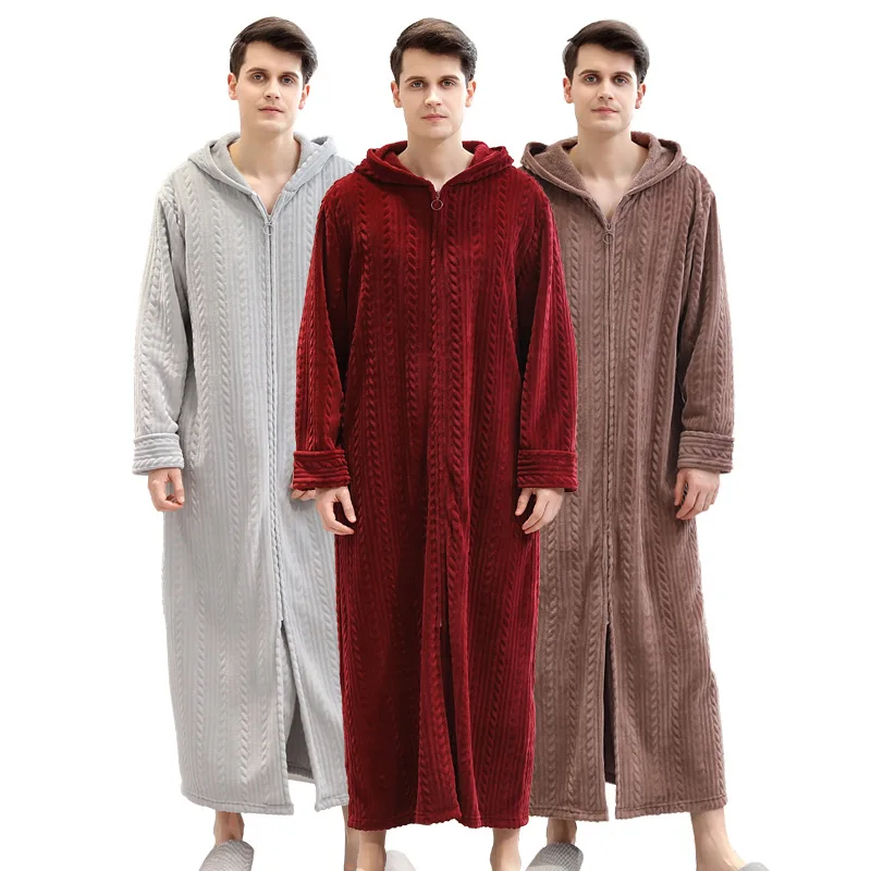 

New men's winter flannel pajamas oversized plush housewear knitted striped zipper hooded bathrobe thermal Robe