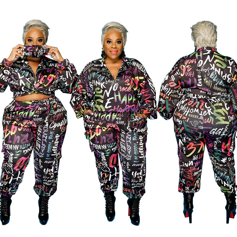 

ORA142 2021 Plus size women winter clothing 5xl printed pullover hoodie and jogger set for women sweatpants set, Black
