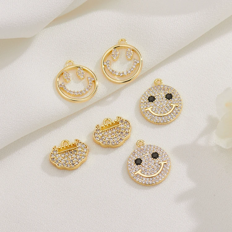 

14K Gold Plated Micro Pave Zircon Smile Face Designer Charms Iced Out Smiley Face Pendant for Bracelet Necklace Jewelry Making