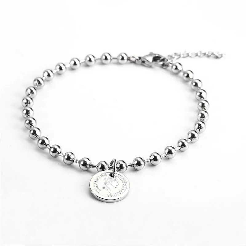 

Fashion Queen Elizabeth Engrave Gold Round Coin Beaded Women Stainless Steel Bracelet