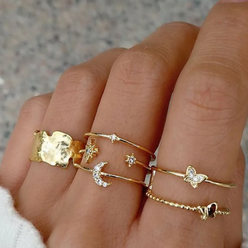 

fashion gold plated butterfly rings crystal gemstone knuckle finger ring set for women girls, Sliver