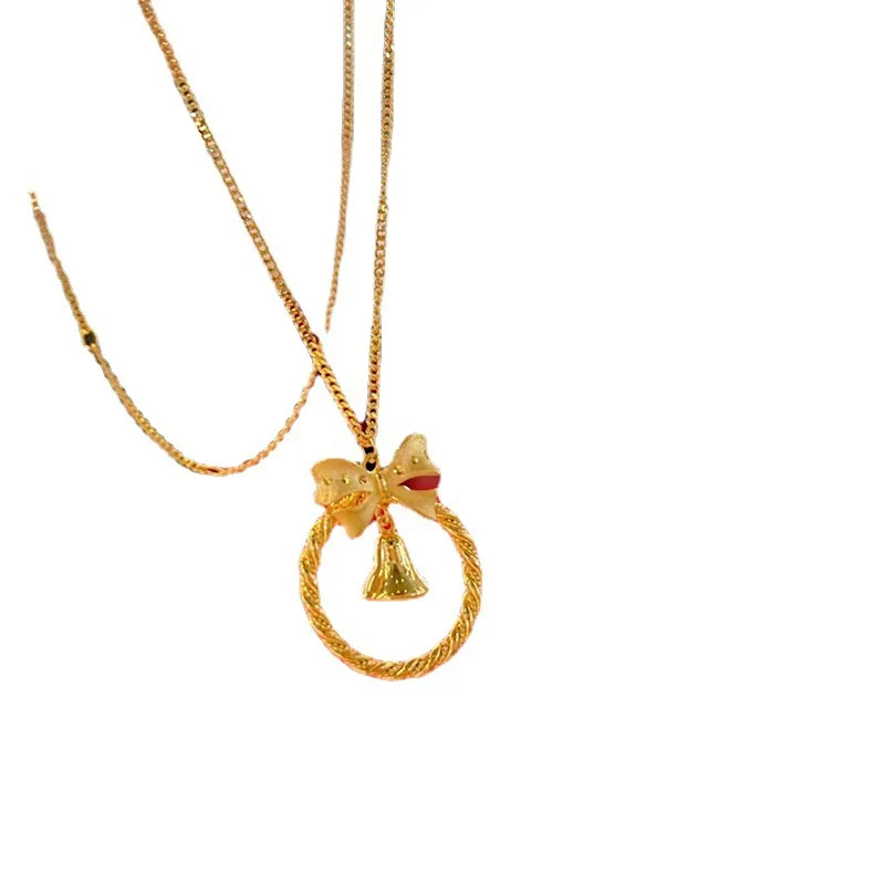 

Vietnam Placer Gold Bell Bow Necklace Women's Fashion Elegant Gold-Plated Bow Little Bell Shape Valentine's Day Gift