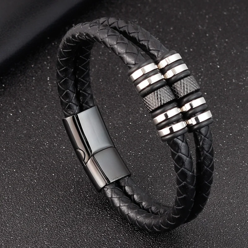 

Black Rope Cowhide Man Double Layer Stainless Steel Leather Bracelet Hand Made Multi Layer Leather Bracelet, Customized