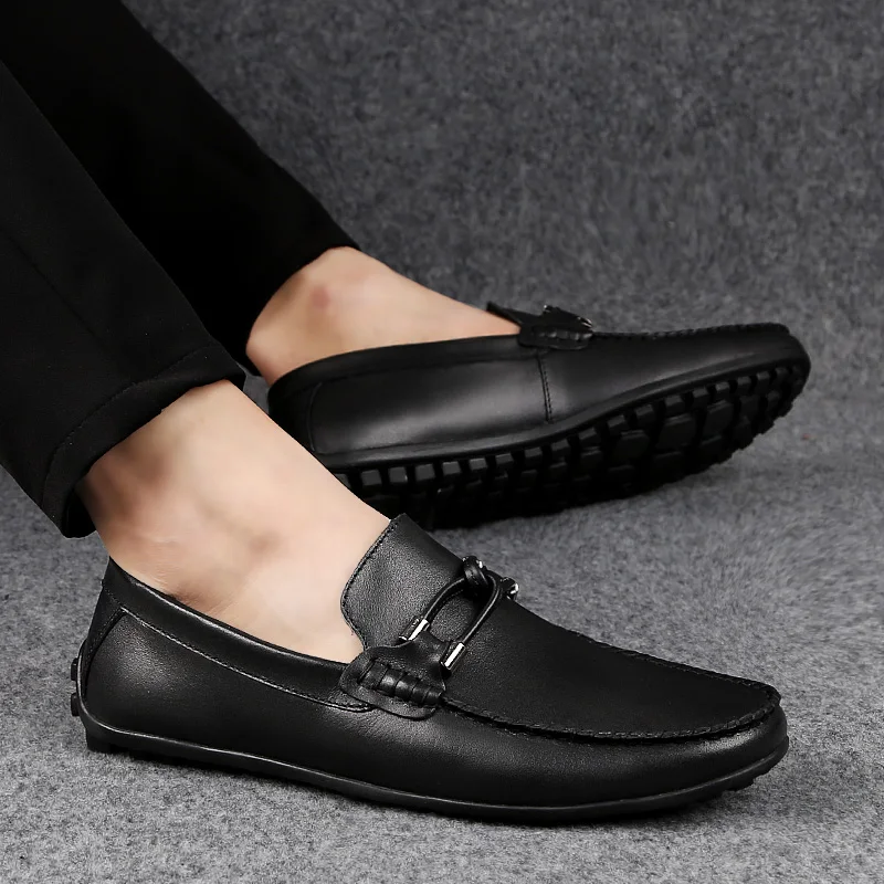 

new Genuine Leather Men Casual Shoes 2019 Mens Loafers Breathable Slip on Black Driving Shoes Lazy shoes Size
