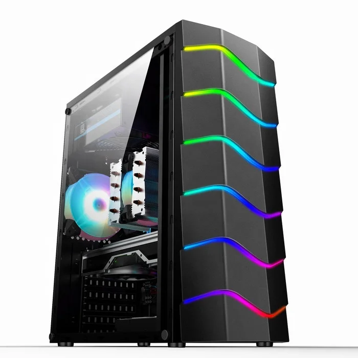 

Gaming Case ATX Wave Design Front Panel With LED Strip 3.0USB Side Panel Transparent Desktop 4PCS RGB Fans