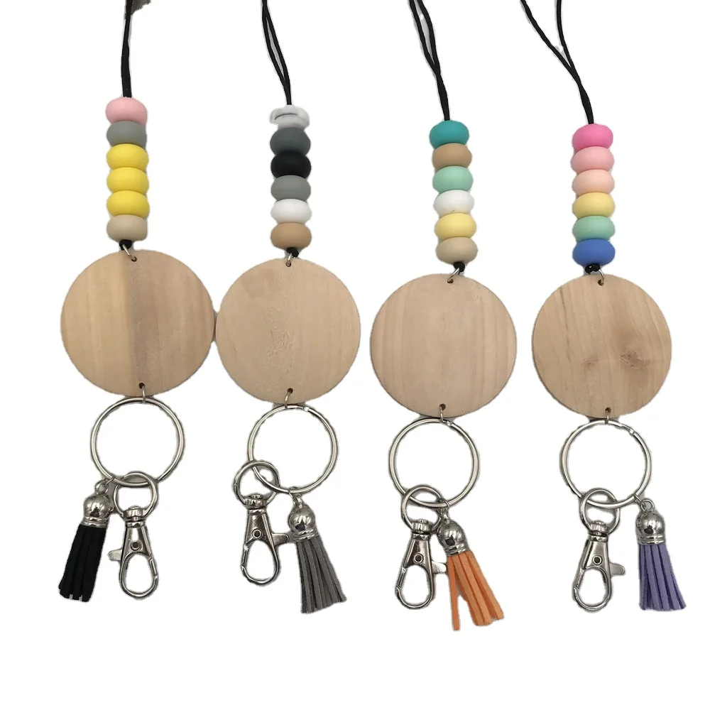 

Silicone beads pencil keychain lanyards wooden personalized disc tassel pendant necklace lanyard