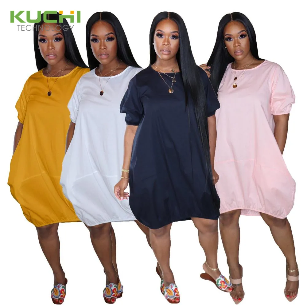 

MOQ 1PC KC-AL107 Fashion Casual Dresses Bubble Skirt Plus Size T shirt lantern Short Sleeve 2020 women clothing dresses, As pic