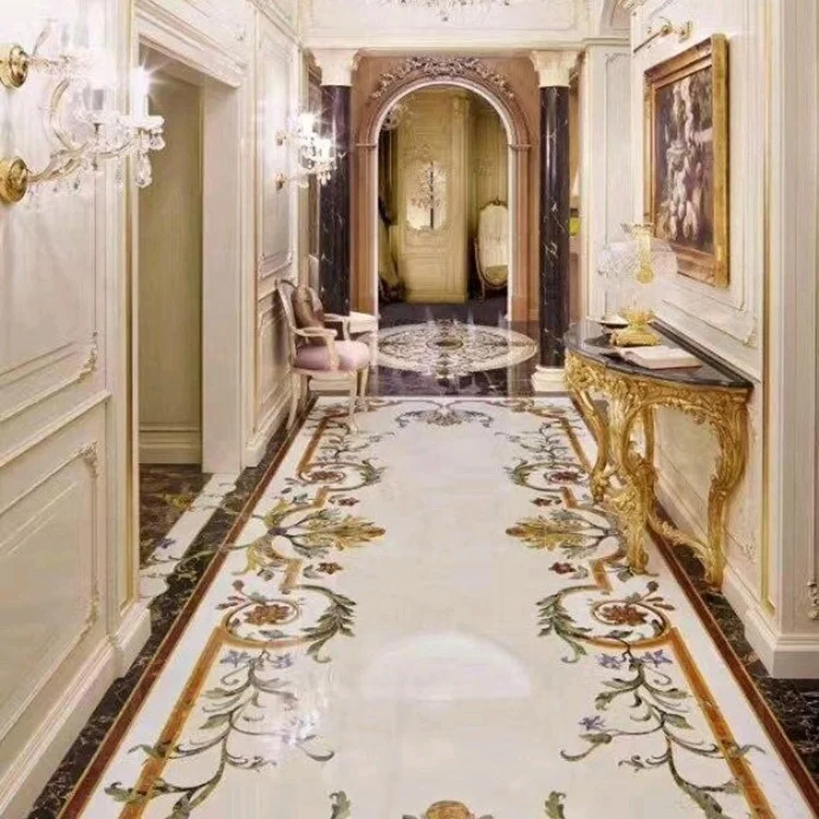 酒店大堂天然大理石石材地板水刀定制方形瓷砖奖牌图案价格每平方米