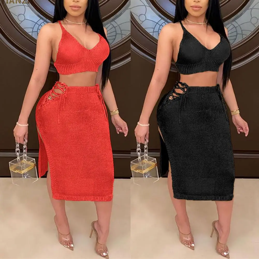 

Wholesale 2020 Sexy Solid Color Classic Summer Sweater V Neck Bodycon Women Two Piece Dress Set