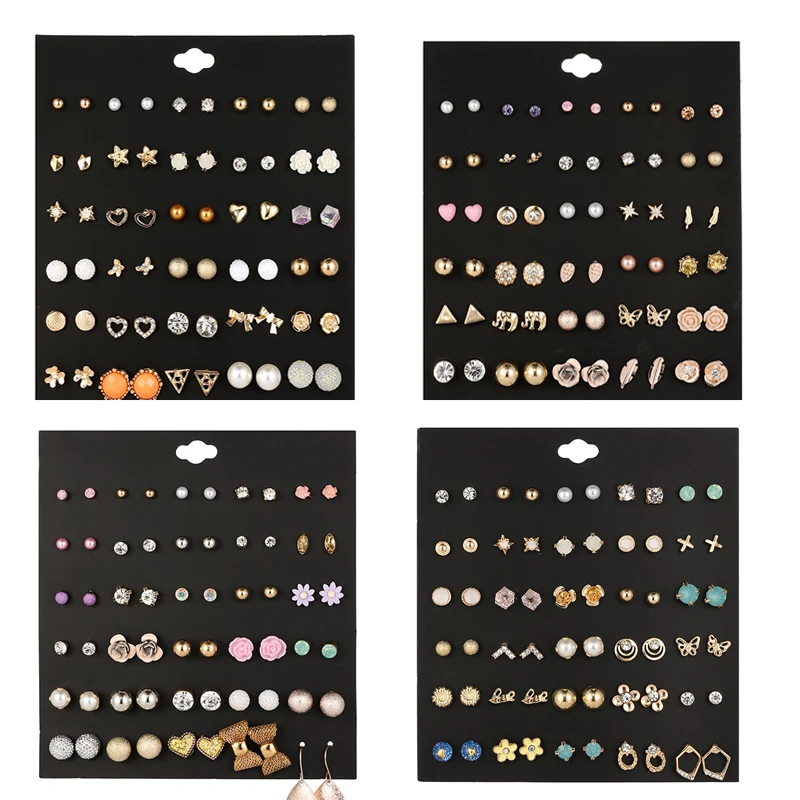 30 Pairs of stud earrings combined geometric multi-elements alloy square diamond-studded pearl flower stud earrings set