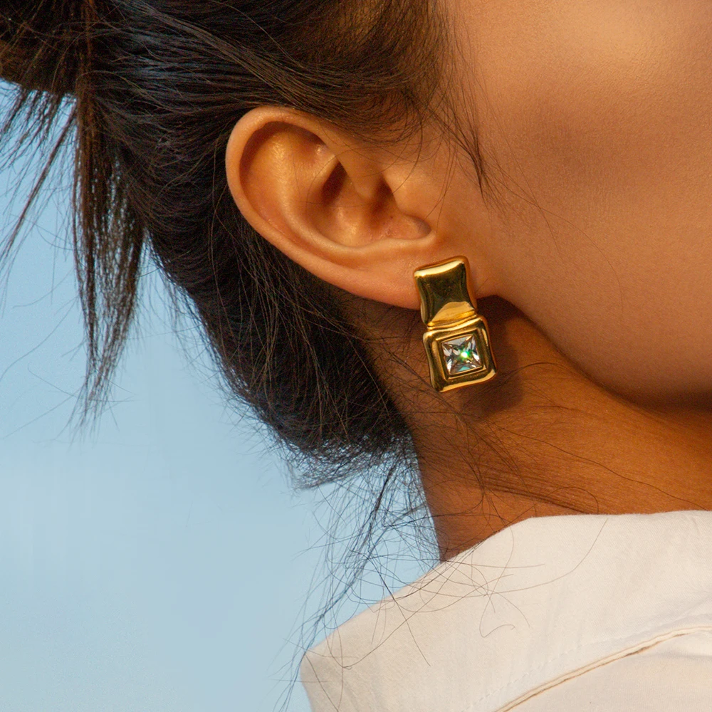 

J&D Jewelry Square Clear Zircon Pendant Earring 18K PVD Gold Plated Stainless Steel Elegance Drop Earrings