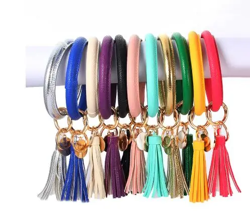 

2019 New PU Leather O Bracelet KeyChains Circle Cute Same Color Tassel Wristlet Keychain Wholesale Women Girls