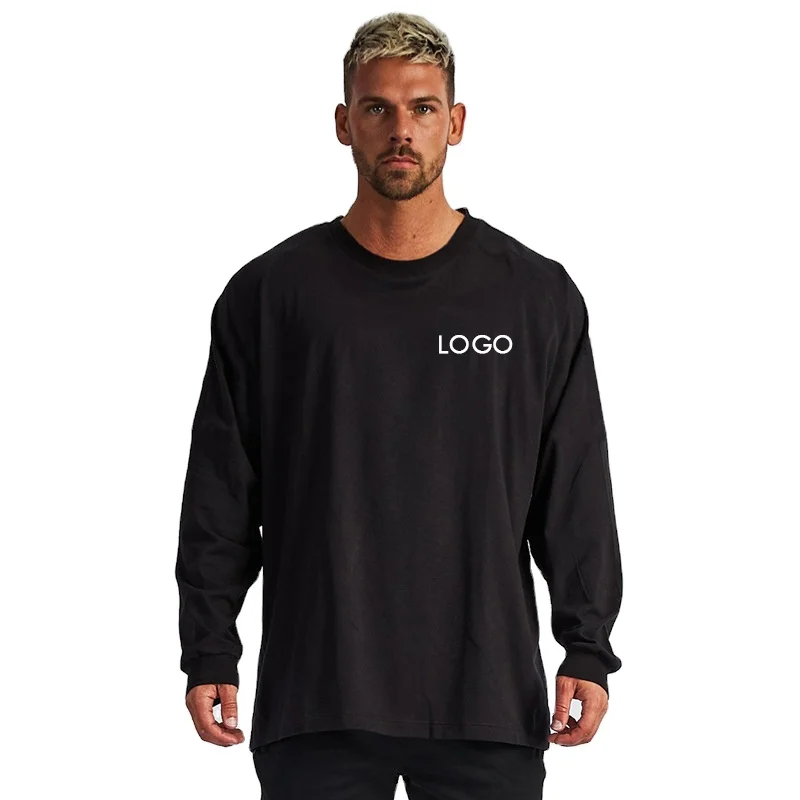 Custom Logo Loose Workout Oversize T Shirt Cotton Printing Blank Plain Long Sleeve T-shirts for Men