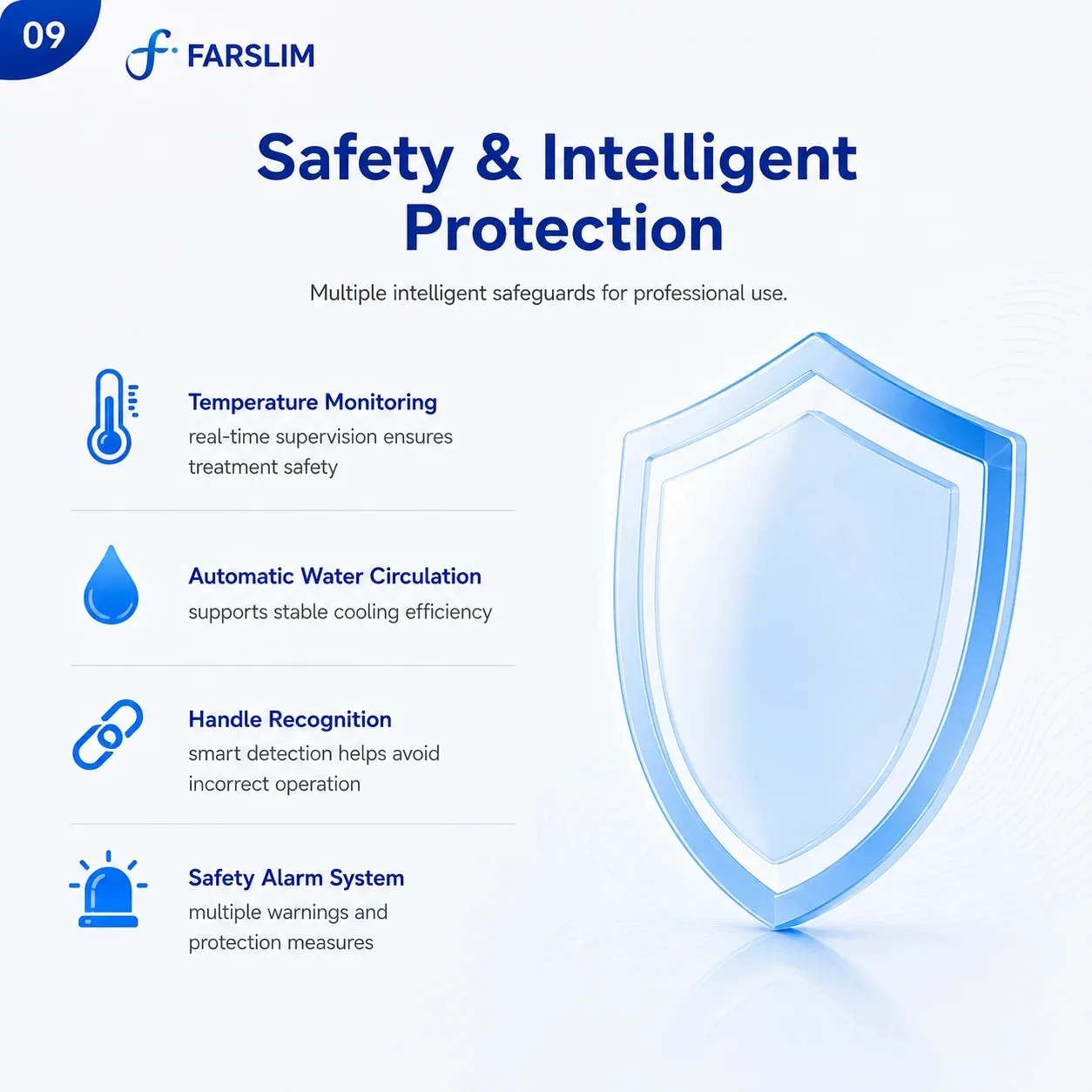 FARSLIM LD11 Pro safety systems with temperature monitoring, automatic water circulation, handle recognition, and alarms.