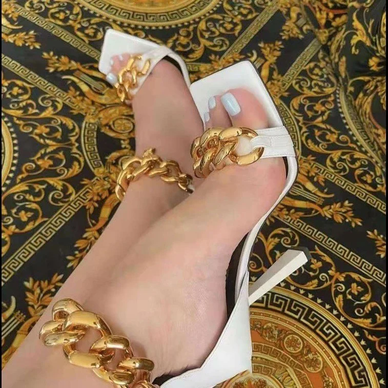 

Metal Chain Word Belt High Heels Square Toe Stiletto Large Size Women'S Summer Shoes 2022 Ladies Sandal