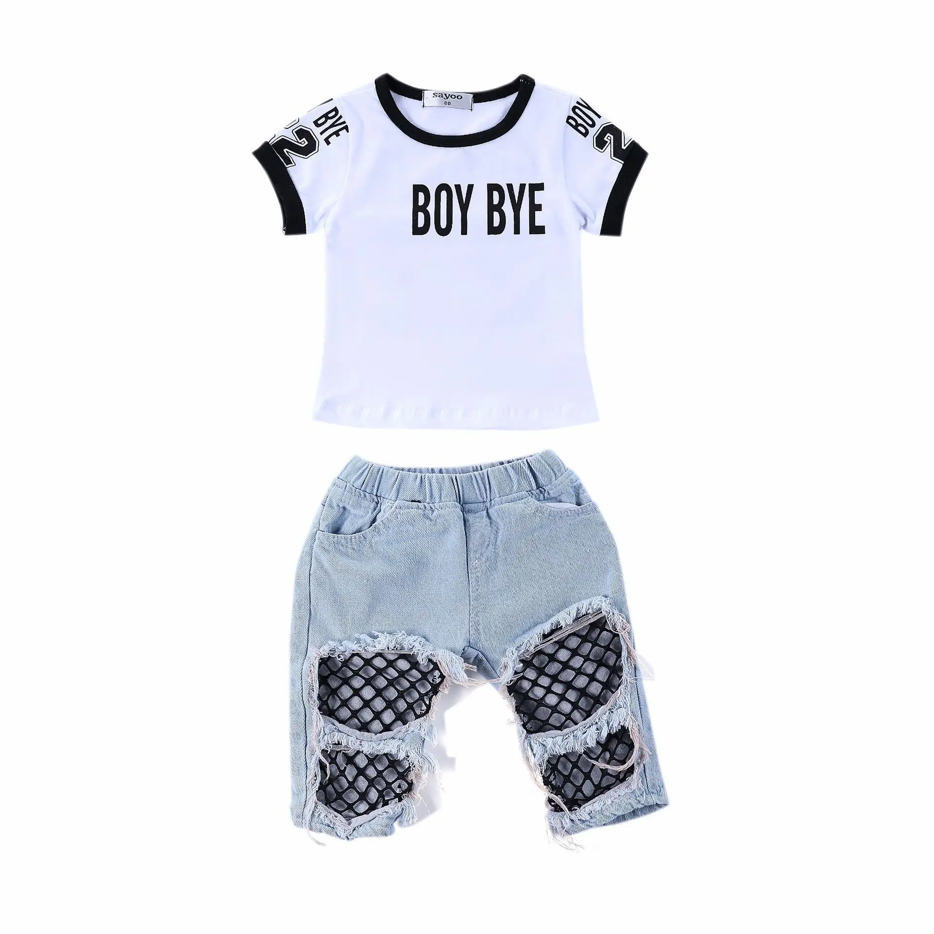 

Kids Girl Letter Print Round Neck Short Sleeve T-shirt + Fishnet Ripped Jeans 2 Pieces Clothing Set