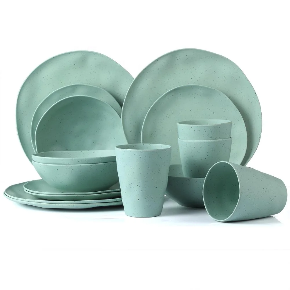 

Lekoch 16 pcs green dinnerware set melamine free bamboo fiber tableware for picnic