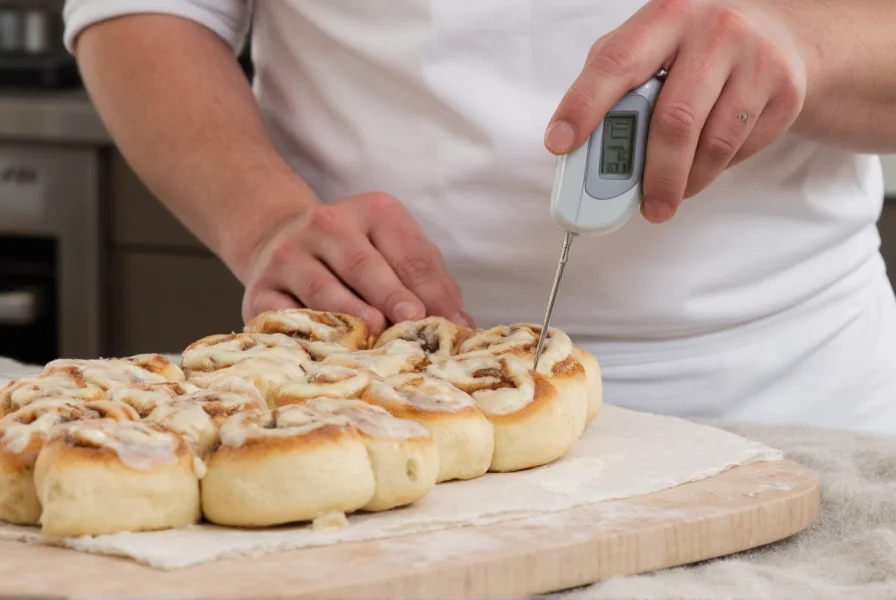 Professional baker measuring dough temperature with digital thermometer during cinnamon roll preparation