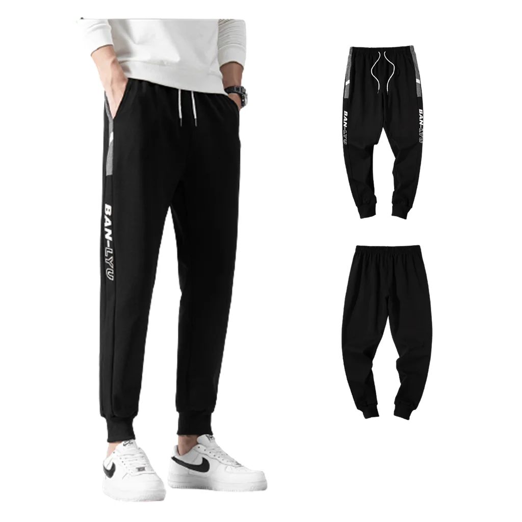 

Fashion Long Trousers Breathable Sweatpants Patchwork Pants Men Sweatpants Jogger Running Pants Casual Hip Hop Trousers, Black