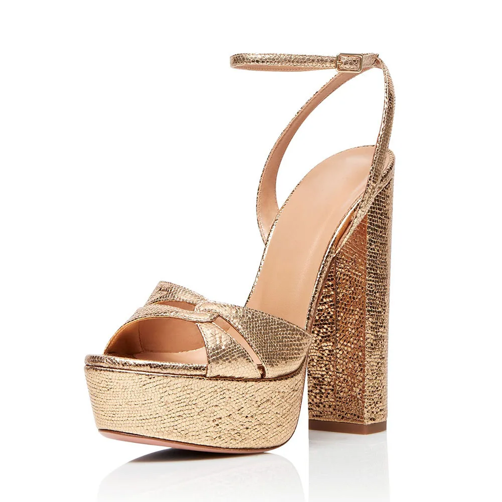 

Women's Platform Gold High Heels Round Toe Ankle Buckle Summer Sandals