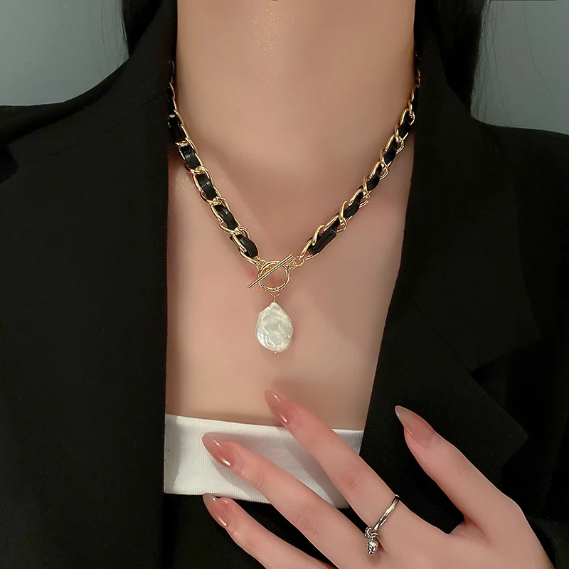 

fashion trendy black pearl pendant necklace leather
