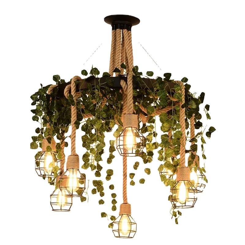 Kitchen restaurant industrial plant pendant light black loft iron vintage hemp rope hanging lamp wedding decor flower chandelier