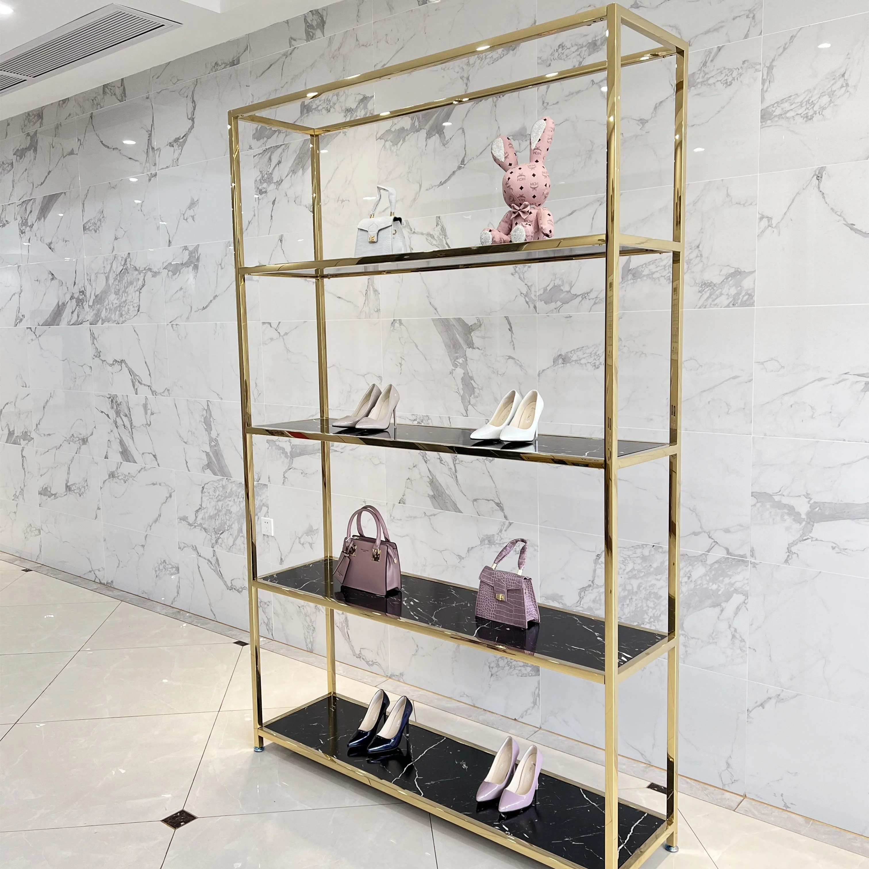 

Large 4-Layer Stainless Steel Gold Marbling tiered space saving cloth lingerie shoe showroom display rack for handbags retail