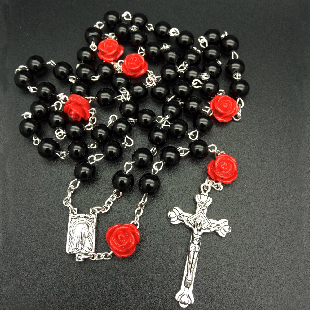 Christian Jewelry Rosary Rose Flower Beads Chain Jesus Cross Pendant ...