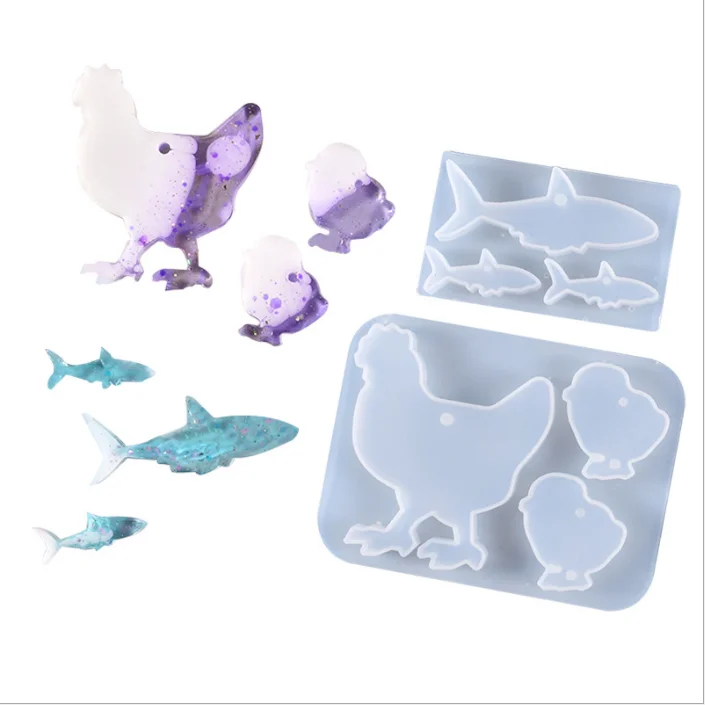 

DIY Crystal Epoxy Mold Three linked Small Animal Chicken Shark Pendant Silicone Mold, White