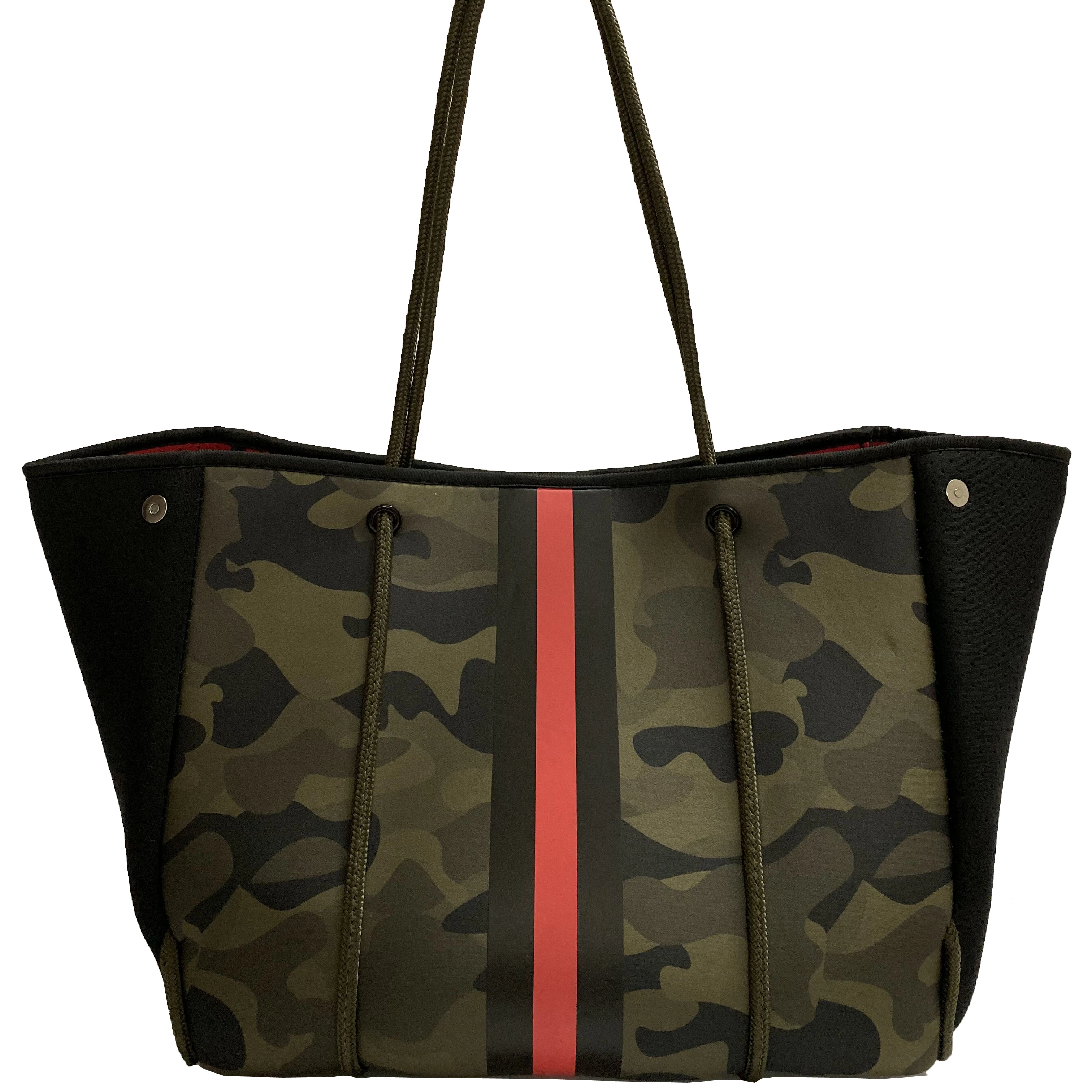 

2020 new green camouflage red stripe neoprene tote bag,neoprene beach tote bag, You choose
