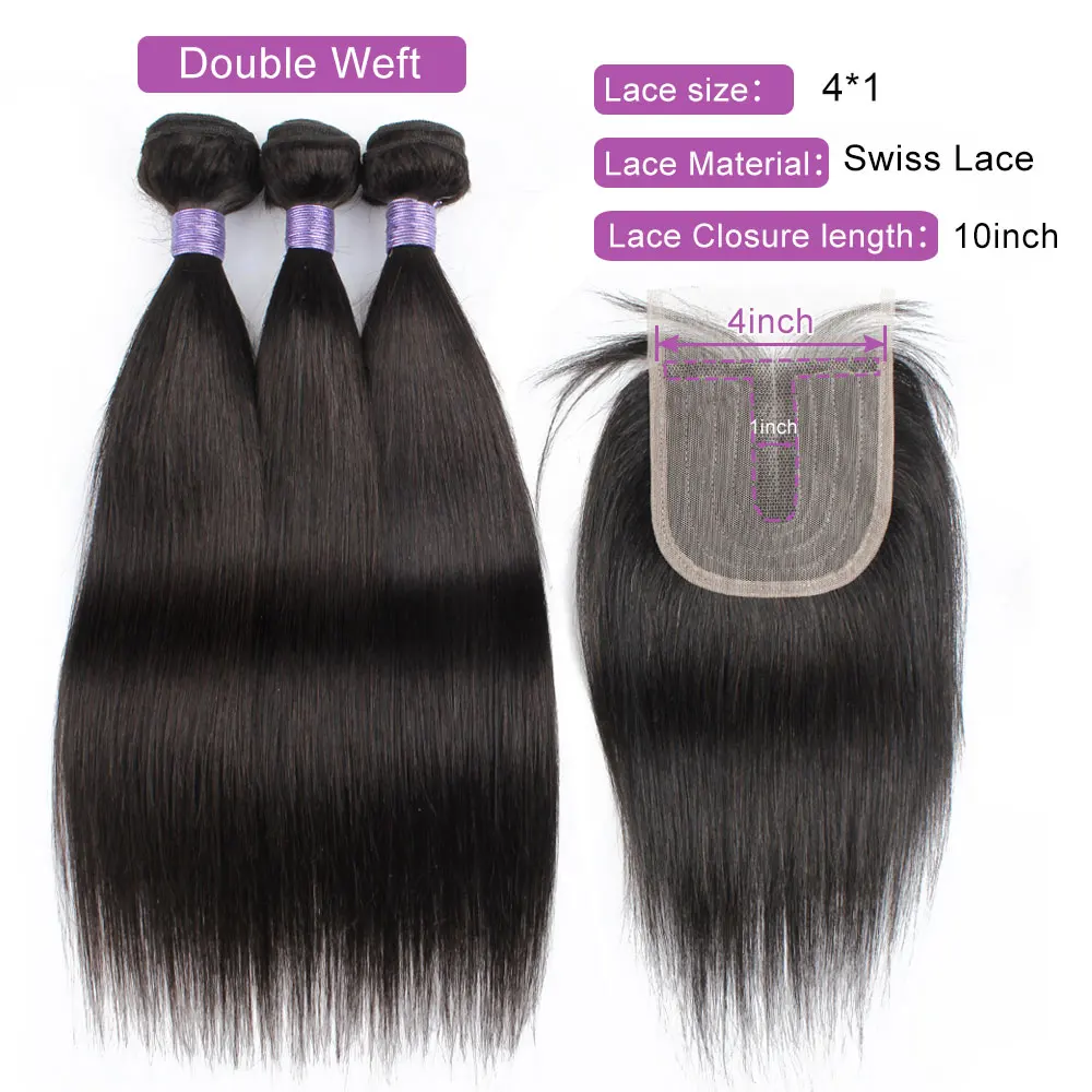 

Human Hair Bundles With Closure 3 Bundles With 4*1 Closure Brazilian Straight Non Remy Hair Weave Bundles With Closure, Natural color