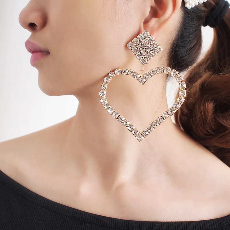 

Foreign Trade New Cute Accessories Fashion Love Diamond Elegant Earrings Peach Heart Crystal Big Earrings, Picture shows