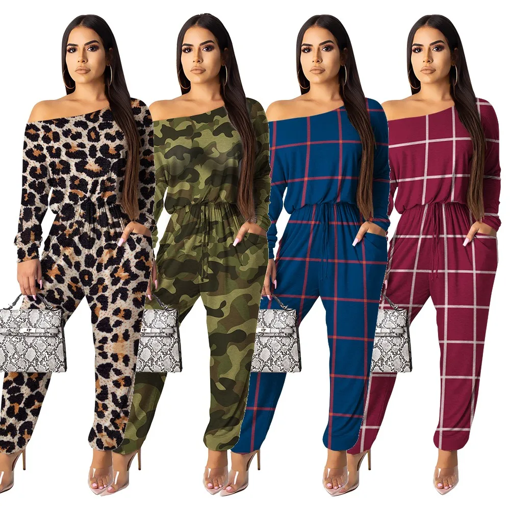 

MT19-258 Polyester Drawstring Long Sleeve Casual plaid jumpsuit with belt