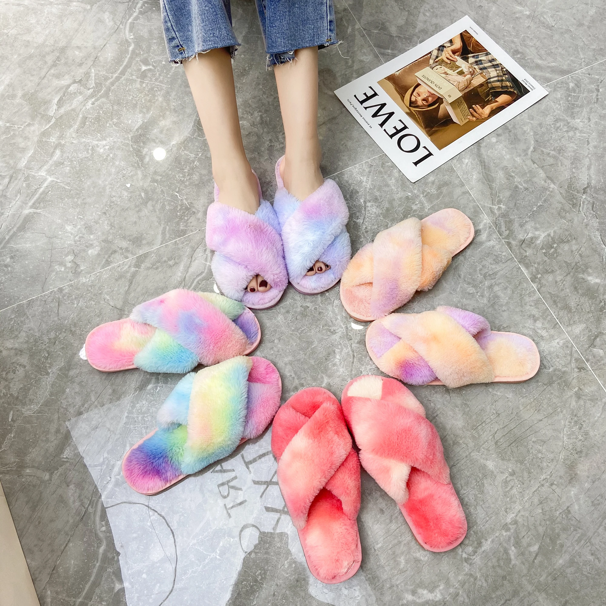 

New Women's Cross Band Slippers indoor plush Outdoor warm Soft Fur Slippers for ladies, Picture shows