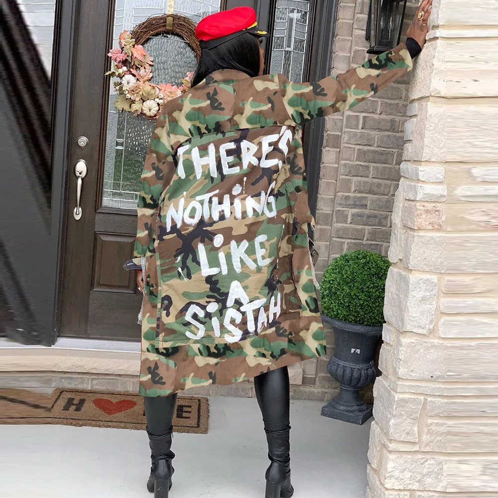 

Wholesale multi-pocket camouflage lady thin coat letters printed jackets for women, Army green