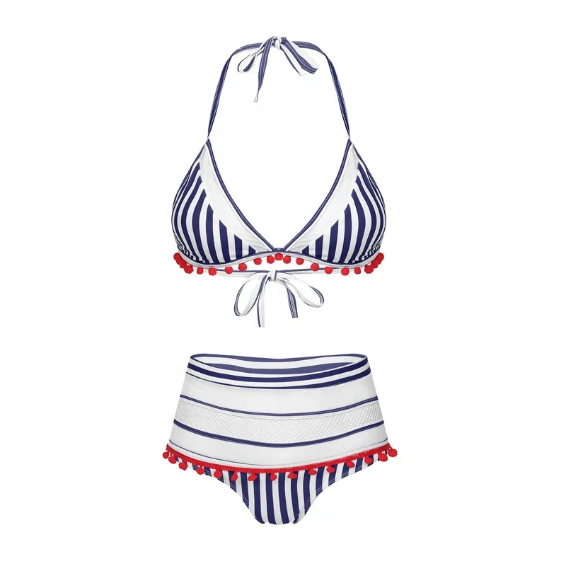 

Women Mesh Striped Bikini Halter Straps Tassel Trim Briefs Swimsuit Beachwear Bikini Set