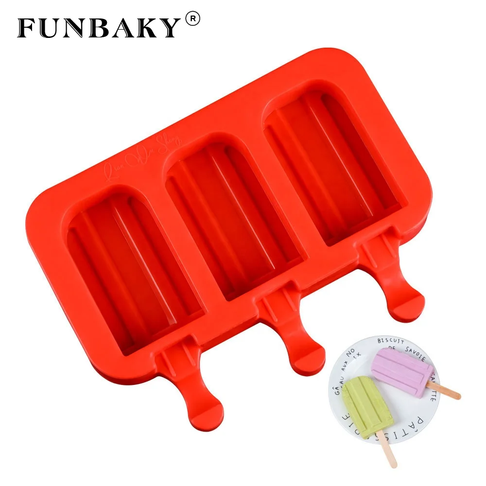 

FUNBAKY Classical ice cream silicone mold rounded rectangle shape 3 cavity popsicle silicone mold household, Customized color