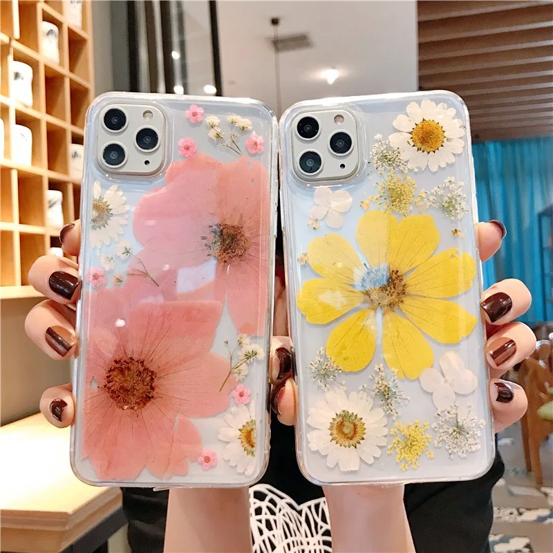 

Hot Sale Hand Made 3D Real Flower Epoxy TPU Protective Cover Phone Case for iPhone 11 , for iPhone 12 Pro Max, Transparent