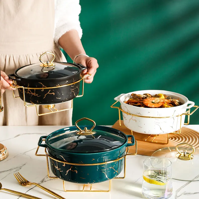 

Factory direct sell gold oval shape casserole marble ceramic buffet food warmer container soup pot with iron stand