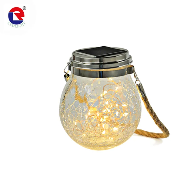 Crack Glass Solar Hanging Lantern Light With 2M 20 LED Copper Fairy Light Landscape Patio Garden Mason Jar Solar Light