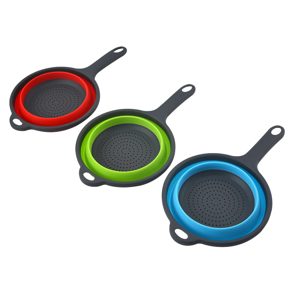 

Kitchen Gadgets Round Colored Foldable Strainer Silicone Collapsible Colander With Handles, Blue/green/red/custom