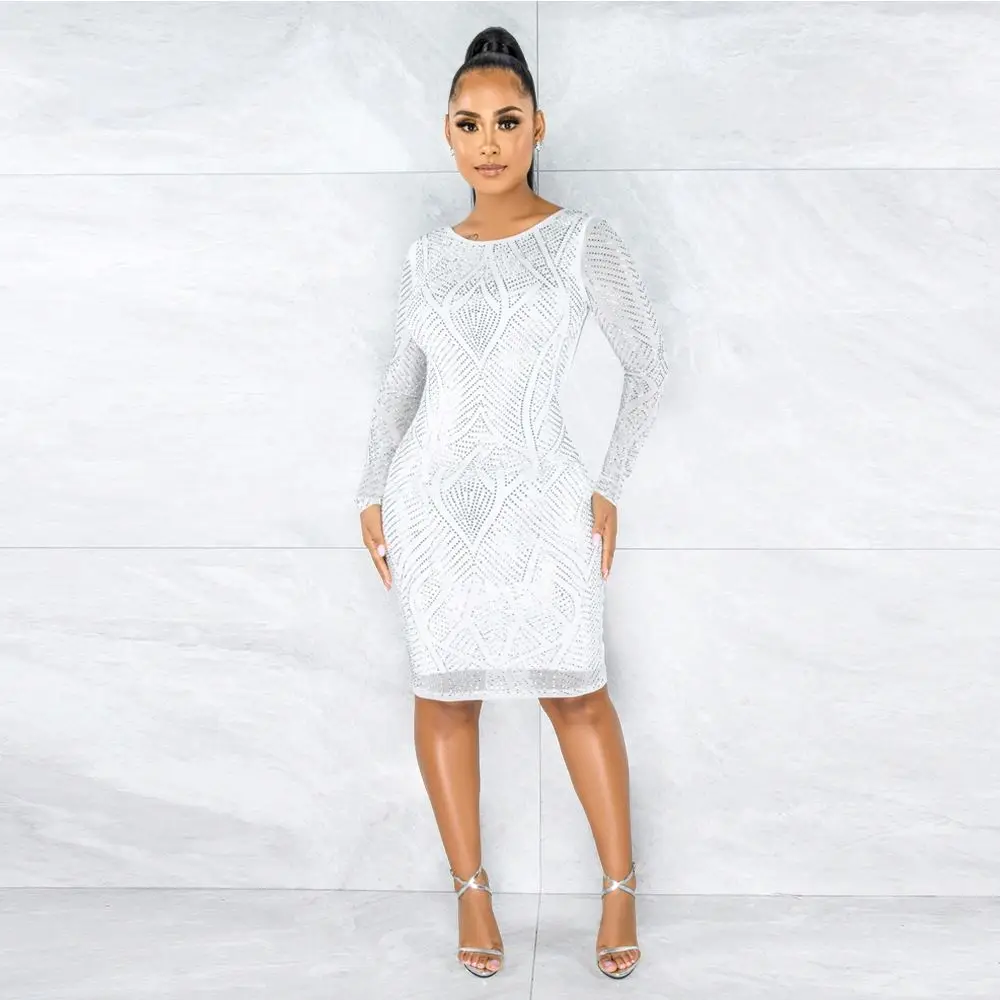 

Fashion Fit Rhinestones Long Sleeve Ladies Dress
